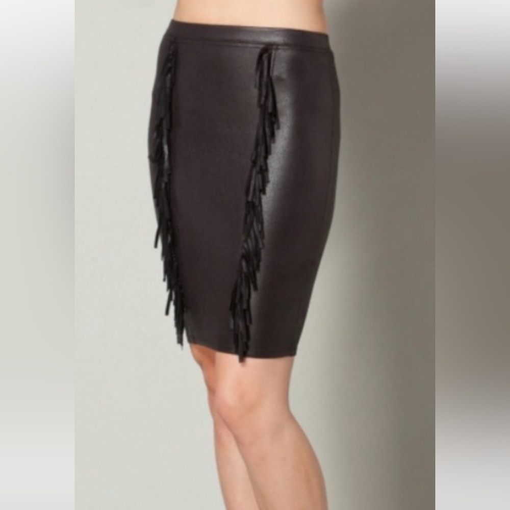 Hale Bob NWT black vegan leather fringe skirt
